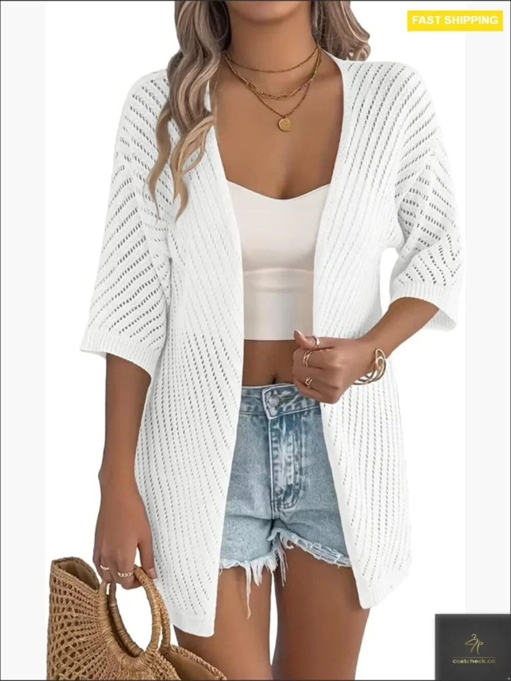 Lightweight Crochet Knit Open Front Kimono Short Sleeve V Neck Summer Cover Up